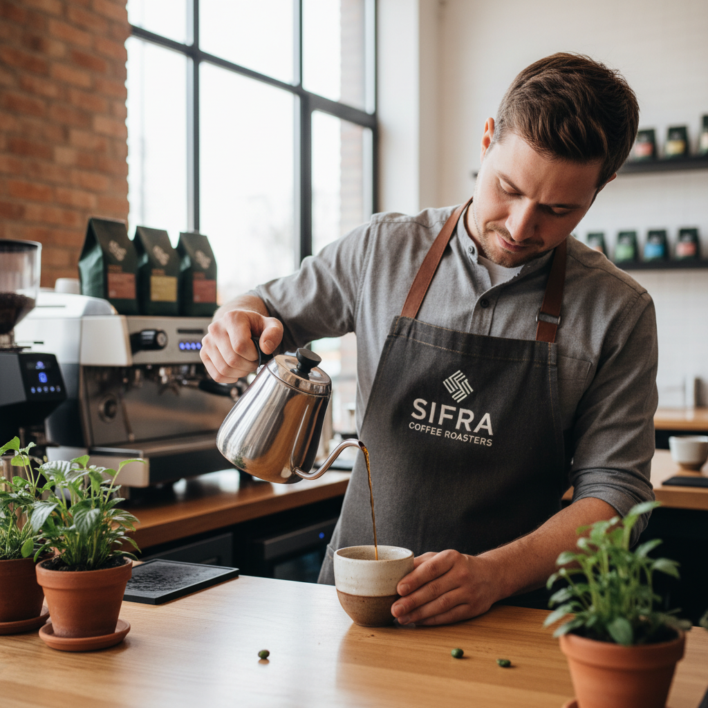 Barista de the brand preparando café selecto