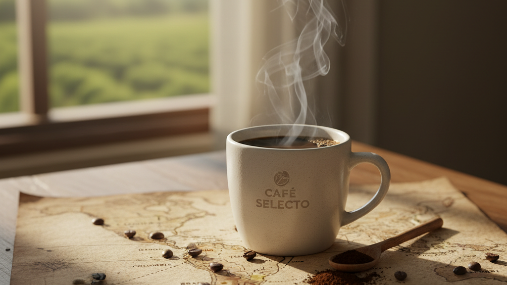 Taza de Café Selecto sobre mapa de origen