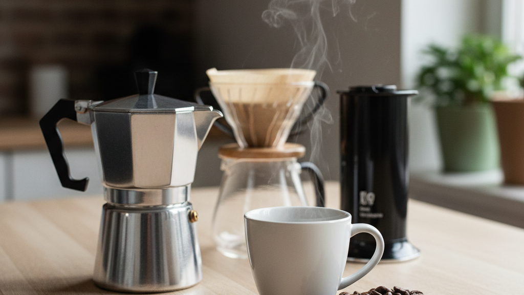 Taza de café de especialidad humeante junto a granos de arábica, cafetera Moka, V60 y Aeropress, representando métodos de preparación en España