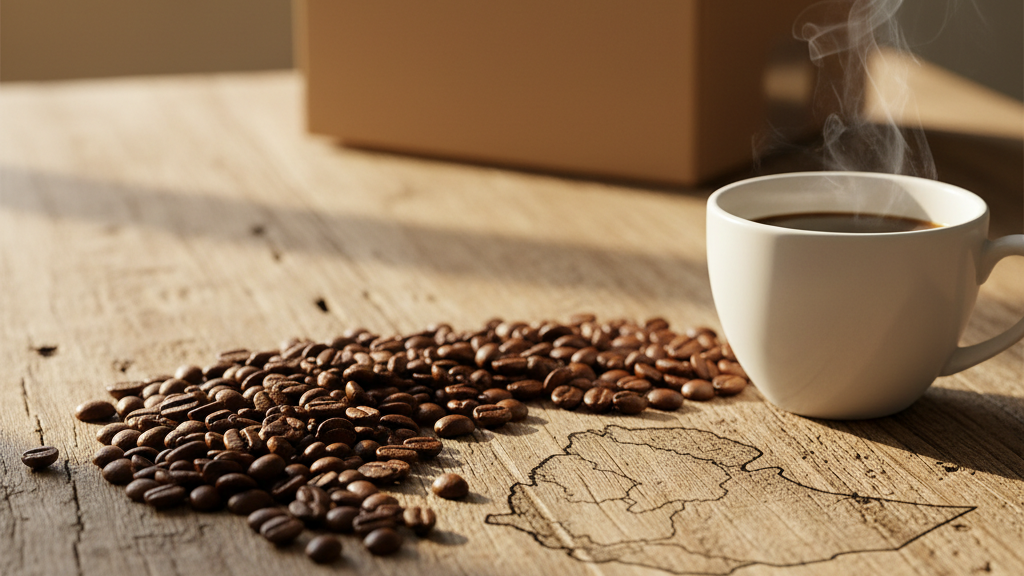 Imagen de granos de café arábica tostado, taza humeante y referencia al origen etíope, resaltando calidad y sabor