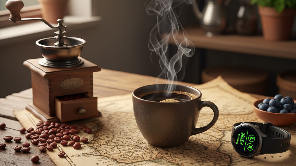 Imagen de taza de café humeante sobre mapa antiguo de Etiopía, granos de café y reloj deportivo, simbolizando historia, beneficios para la salud y consumo moderno