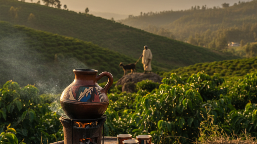 Imagen de la ceremonia tradicional del café etíope con jebena, tazas y paisaje de Kaffa, representando la historia del café de Etiopía