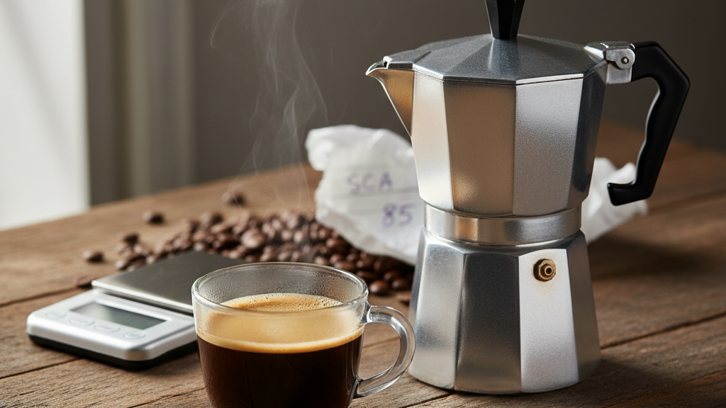 Imagen SEO de taza de café de especialidad preparado con cafetera moka, granos de arábica premium y elementos de calidad SCA