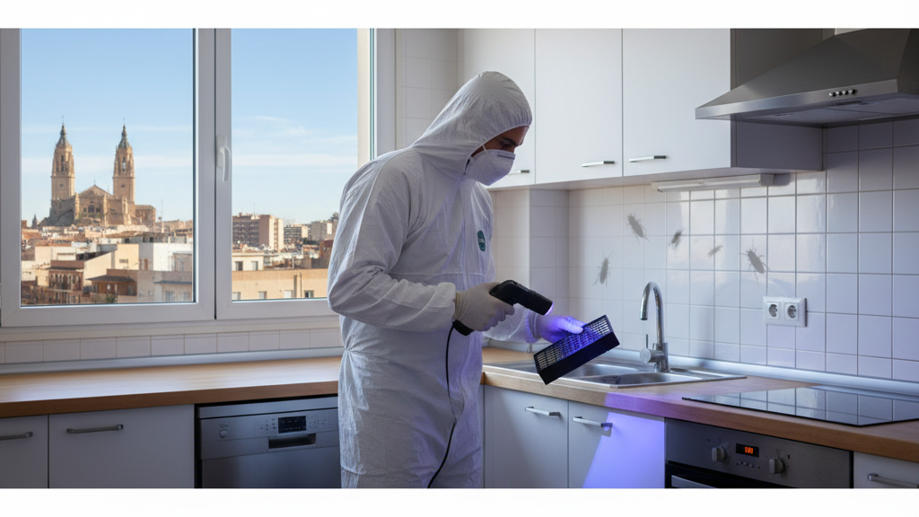 Técnico profesional inspeccionando una casa con equipos de control de plagas en Murcia, resaltando la prevención de cucarachas y roedores
