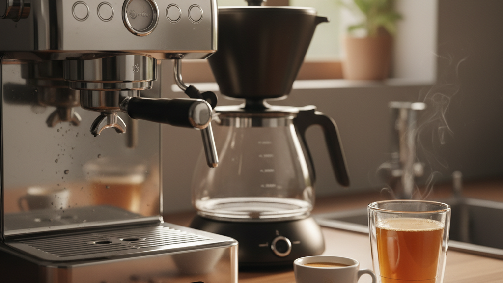 Imagen que muestra una máquina de espresso y una cafetera de goteo lado a lado, resaltando la diferencia entre café de máquina y café de cafetera