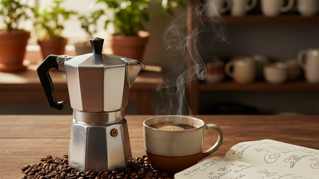 Cafetera Moka de acero inoxidable con granos de café arábica y taza de café de especialidad en una cocina rústica, representando el café de alta calidad y preparación cuidadosa