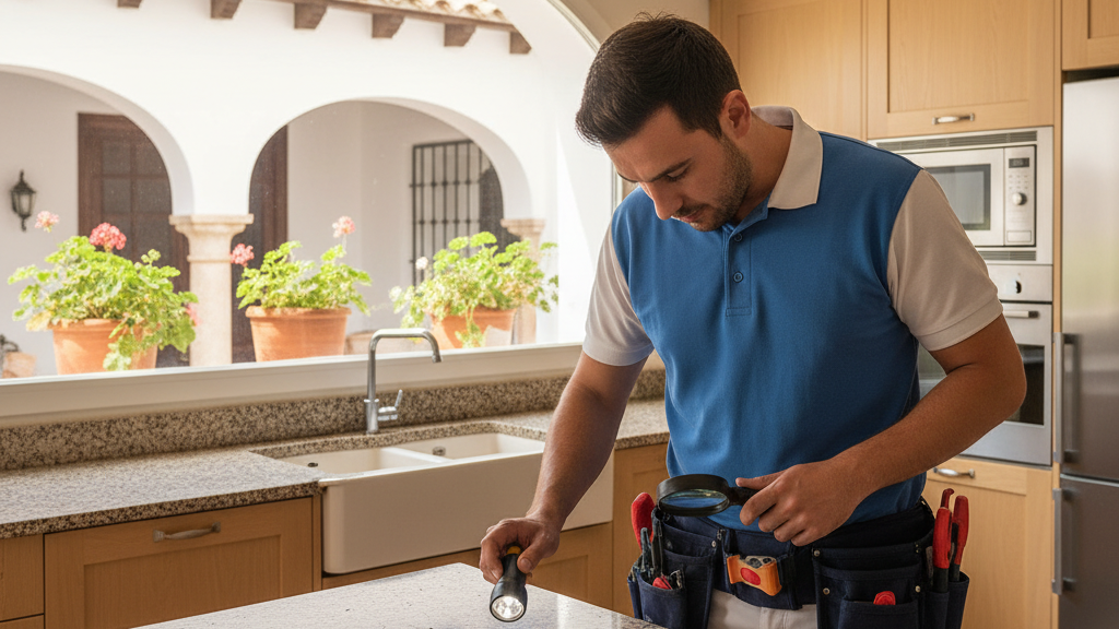 Control de plagas en Murcia – inspección profesional Técnico de control de plagas inspeccionando una cocina en Murcia, con equipo profesional y señales de plagas