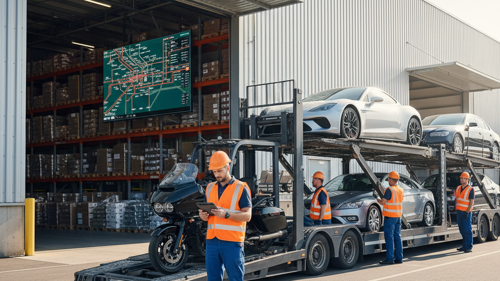 Operador logístico transportando coches y motos con seguimiento en tiempo real y seguro
