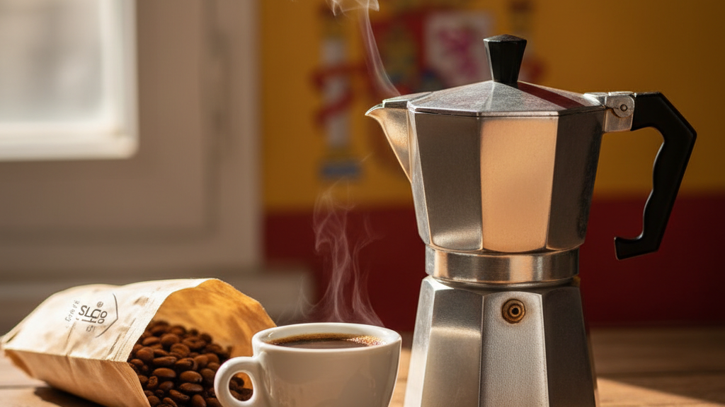 Foto de una cafetera moka de acero inoxidable sobre una encimera de madera, con vapor y una taza de café de especialidad arábica, rodeada de granos y un paquete de café SLCTO Caffeto, representando la preparación de café en casa en España