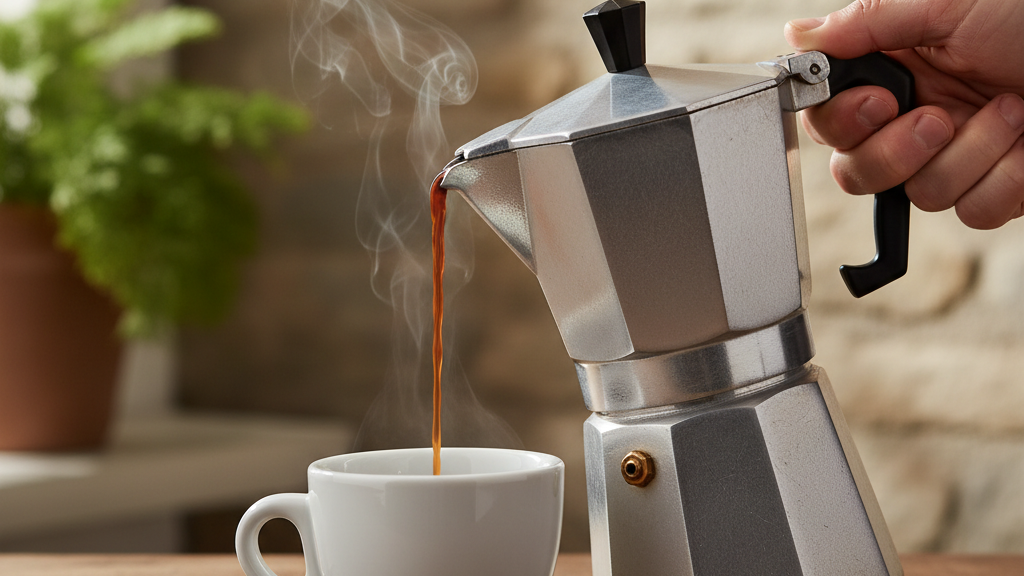 Cafetera Moka con café listo para servir