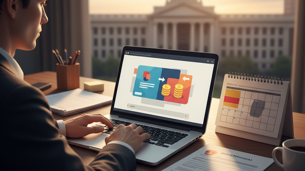 Imagen de un profesional revisando pagos Bizum y normativa fiscal española, con formularios de la AEAT y calendario, simbolizando el control tributario