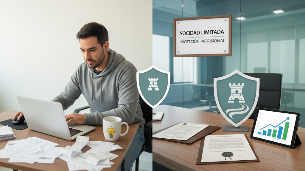 Imagen comparativa que muestra a un autónomo y a una Sociedad Limitada, resaltando crecimiento empresarial, protección patrimonial y ventajas fiscales en Murcia