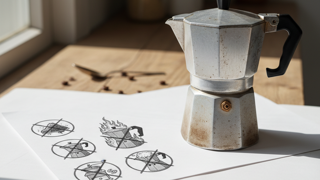 Lista visual de errores comunes al usar café en cafetera Moka y cómo evitarlos