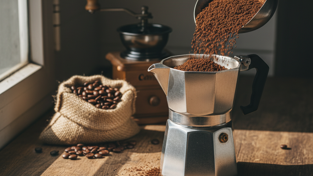 Ilustración de molienda media‑fina perfecta para la cafetera Moka