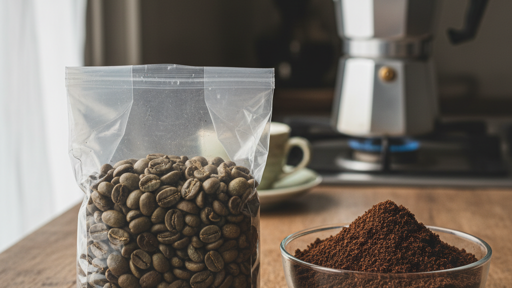 Comparación visual entre café de especialidad y café comercial para extracción en Moka