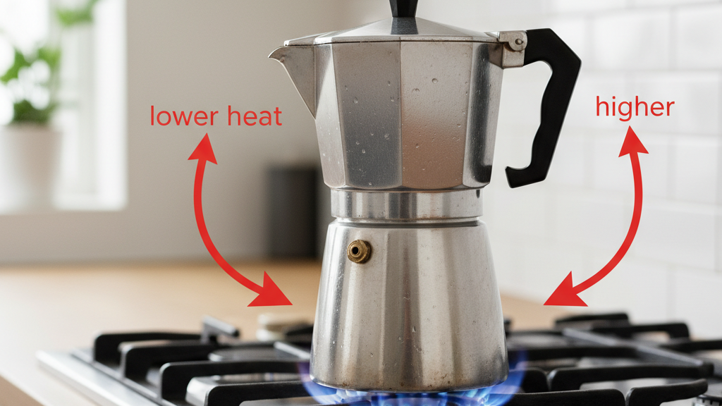 Ilustración de ajuste de llama y presión en la cafetera Moka para una extracción uniforme