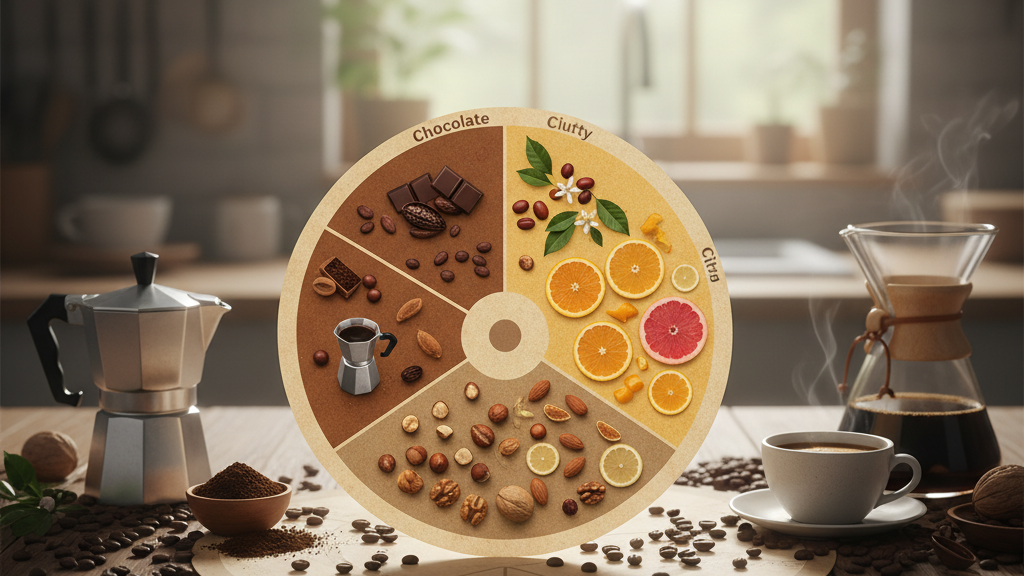 Infografía del perfil de sabor del café de especialidad para Moka con notas de chocolate y frutos secos