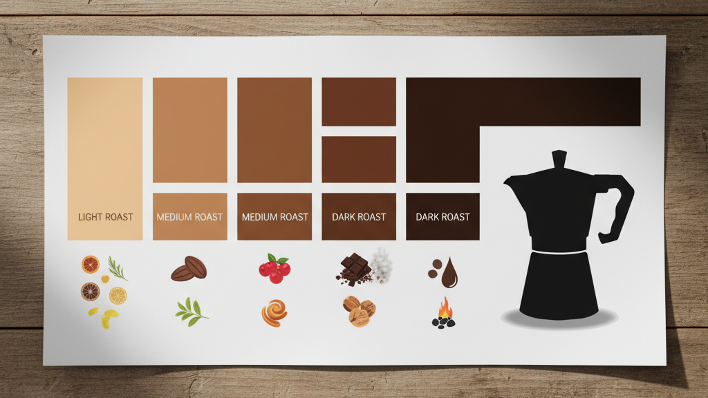 Gráfica de niveles de tueste y su impacto en la taza de cafetera Moka