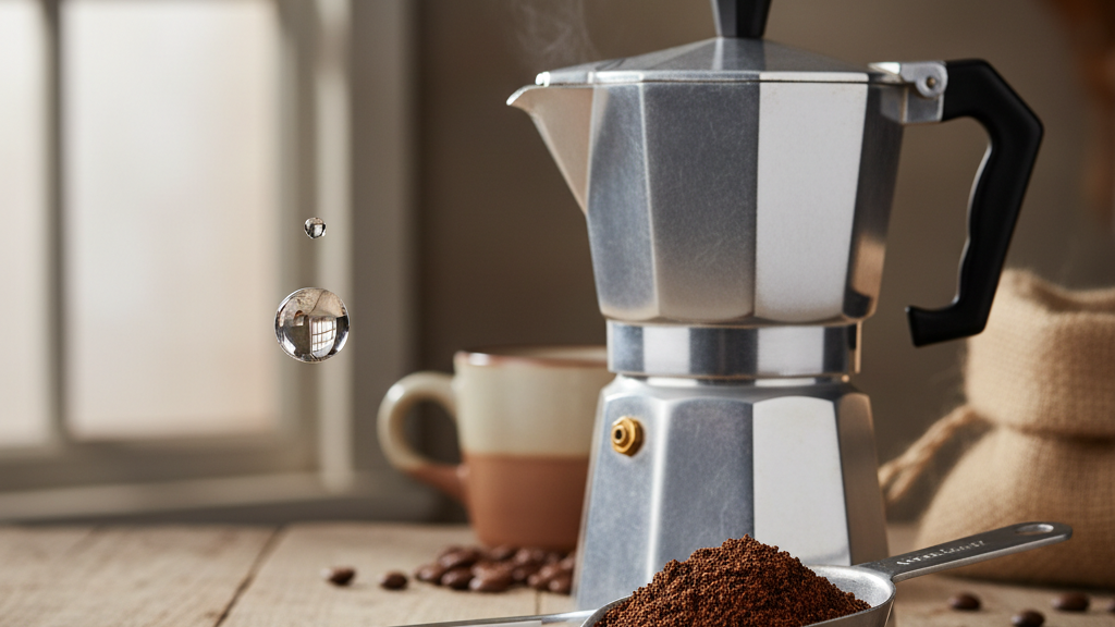 Representación de agua, temperatura ideal y dosis para la cafetera Moka