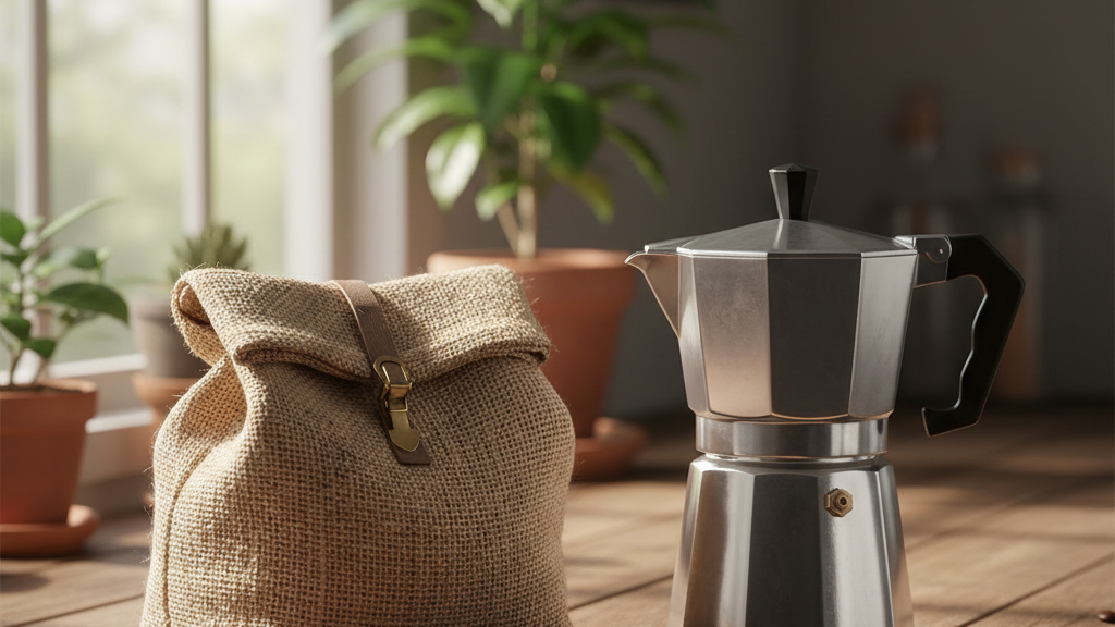 Foto del paquete de café premium 100 % arábica, tueste medio, calibrado para cafetera Moka