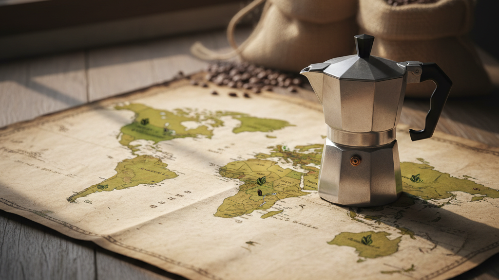 Mapa de regiones con variedades de café arábica que destacan en la cafetera Moka