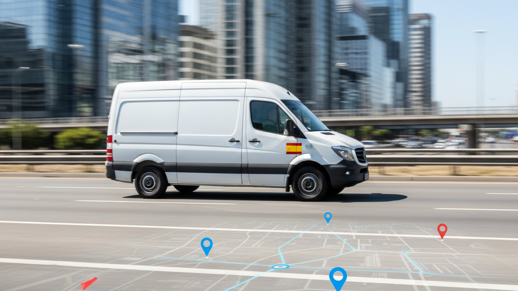 Transporte urgente de mercancías en España 2026 Transporte urgente de mercancías en España, vehículo de carga rápido con mapa de seguimiento en tiempo real