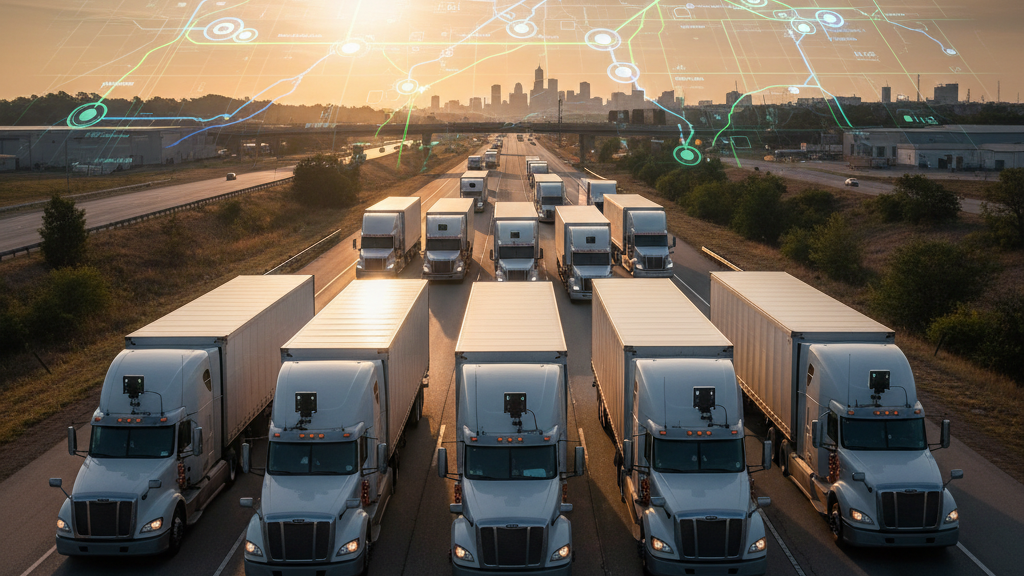 Flota optimizada Imagen que muestra gestión eficiente de flotas con telemetría y rutas optimizadas para entregas urgentes