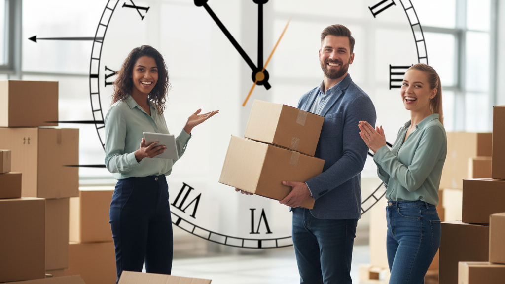 Beneficios de entregas rápidas Ilustración de ventajas competitivas de contratar un servicio urgente, como satisfacción del cliente y reducción de tiempos