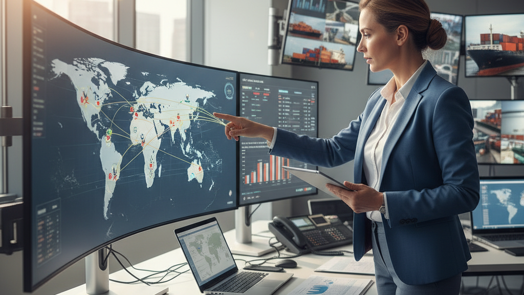 Operador logístico 4PL Representación del operador logístico gestionando envíos urgentes, coordinación multimodal y cumplimiento normativo