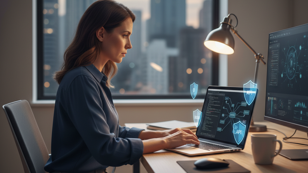 Pentesting de APIs 2025-2026 Analista de ciberseguridad realizando pentesting de APIs, con código y diagramas de API en la pantalla del portátil, resaltando la importancia de la seguridad de APIs en 2025‑2026