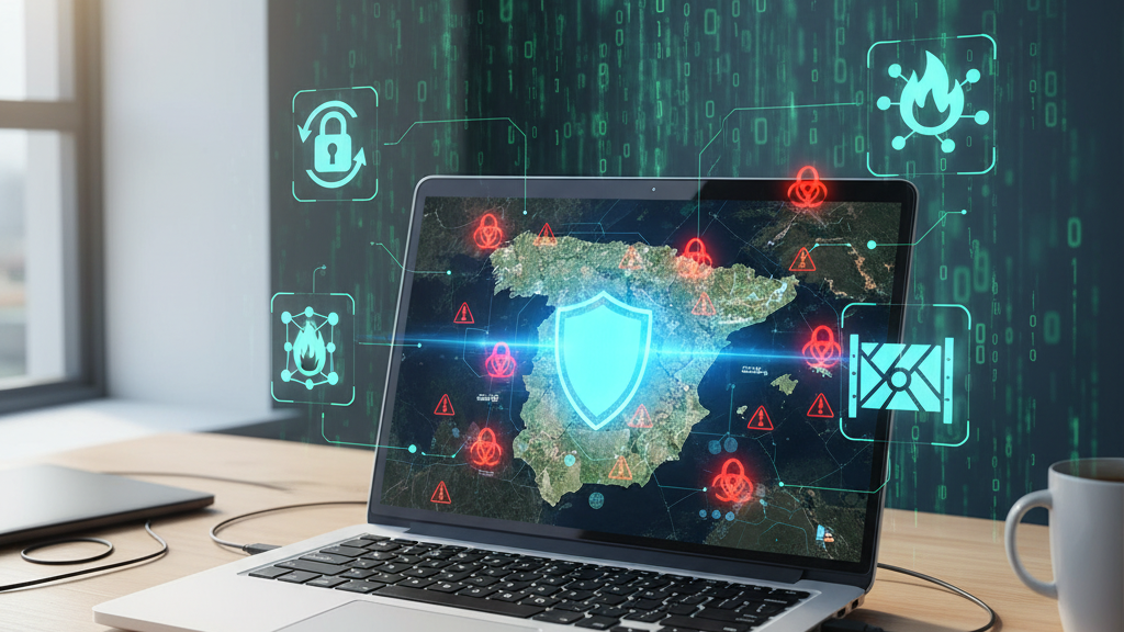 Cifras clave de ciberataques 2025 en España Imagen que muestra un mapa de España con alertas de ciberataques 2025, un escudo protector y códigos binarios, representando la evolución de incidentes y vulnerabilidades