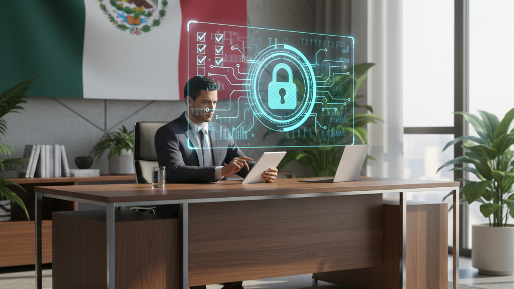 Cumplimiento de la Ley Federal de Ciberseguridad 2026 Ejecutivo revisando cumplimiento de la Ley de ciberseguridad en México 2026, con bandera mexicana y símbolos de seguridad digital