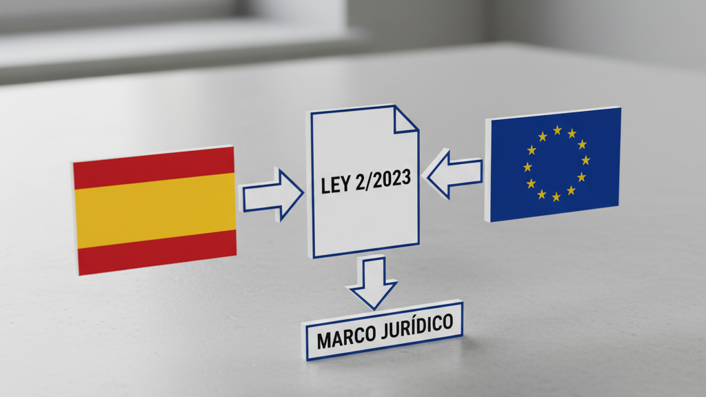 Graphic showing Spain law 2/2023 and EU directive for whistleblowing
