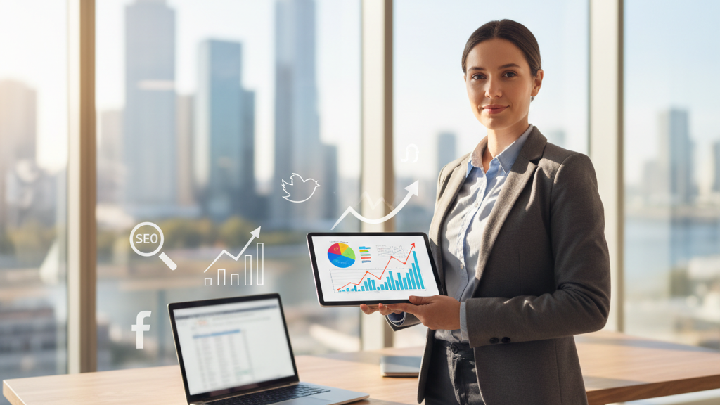 Imagen de una persona profesional preparando el lanzamiento de una agencia de marketing digital en 2026, con tablet y laptop, íconos de marketing y vista urbana, ideal para SEO