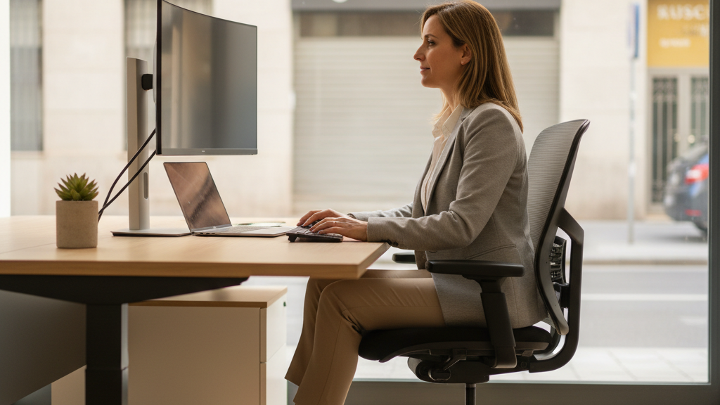 Postura correcta en la oficina Persona trabajando en oficina con postura ergonómica, silla ajustada, monitor a la altura de los ojos y ambiente luminoso, ilustrando consejos de salud postural y la opción de acudir a un fisioterapeuta en Murcia