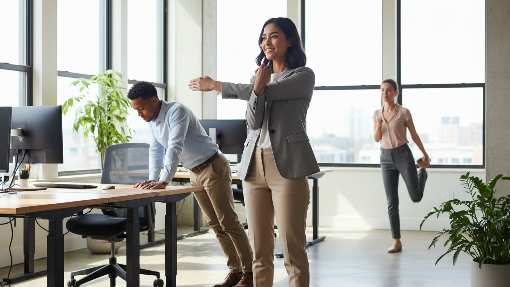 Ejercicios de estiramiento en oficina Serie de ejercicios simples para estirar hombros y espalda en la oficina, ayuda a mejorar la postura