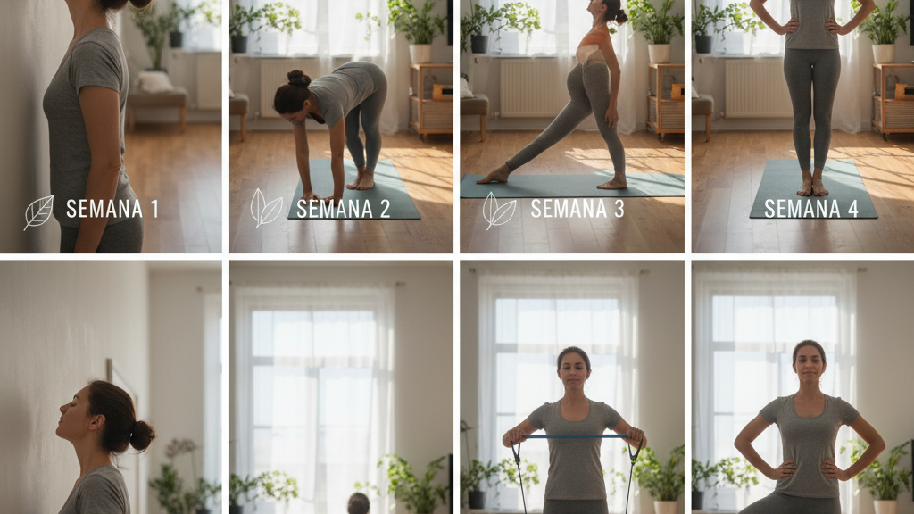 Plan de 4 semanas para postura Calendario de 4 semanas con metas diarias de ergonomía y ejercicios para mejorar la postura en oficina