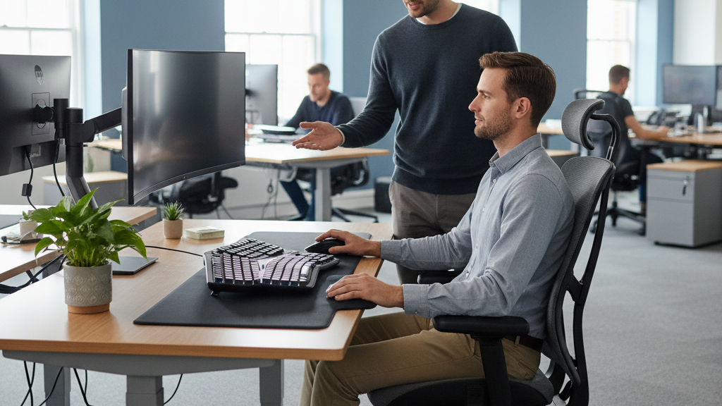 Ergonomía del puesto de trabajo Diagrama de un puesto de trabajo ergonómico que muestra altura del monitor y alineación de la silla para mejorar la postura en oficina