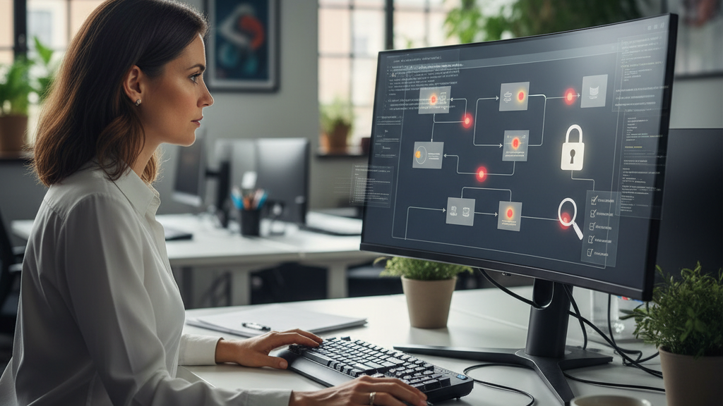 Pentesting web paso a paso Imagen de un analista de ciberseguridad realizando pentesting en una aplicación web, con pantalla que muestra diagrama de vulnerabilidades, código y checklist, representando el proceso paso a paso
