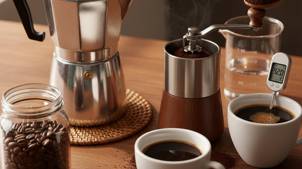 Imagen de una cafetera Moka con granos de café arábica, molinillo y taza de café sin amargor, mostrando la proporción y temperatura ideal