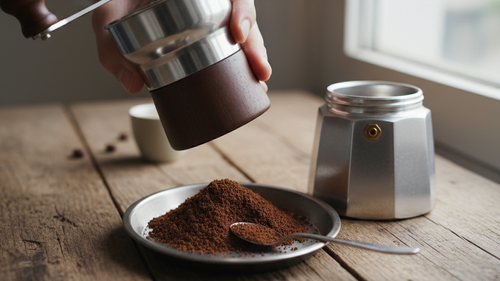 Imagen que muestra la molienda ideal para la Cafetera Moka, evitando sobre‑extracción y amargor, siguiendo los trucos para que el café no quede amargo