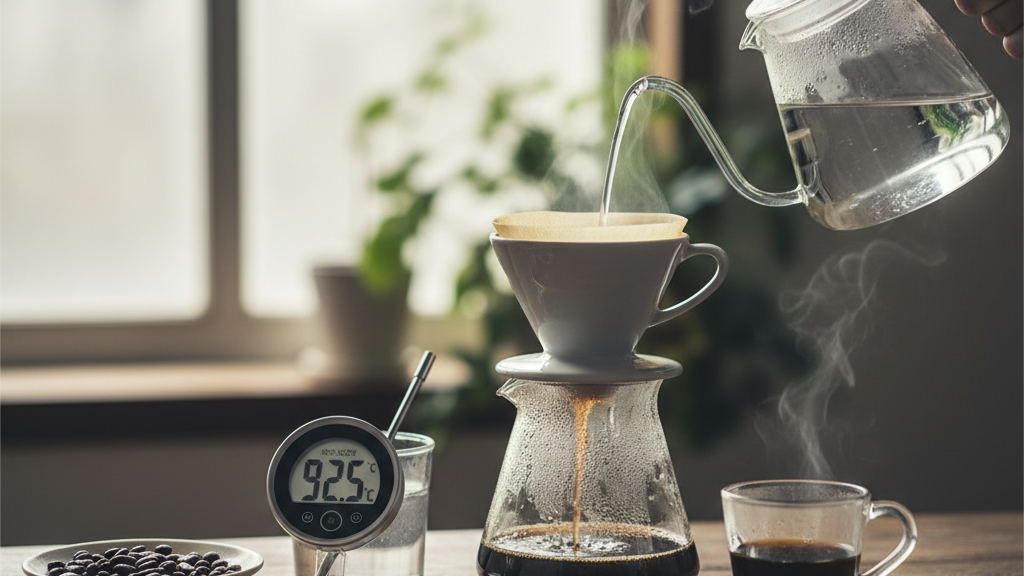 Fotografía de agua a 92 °C medida con termómetro, clave para los trucos para que el café no quede amargo y mantener la Cafetera Moka en rango ideal