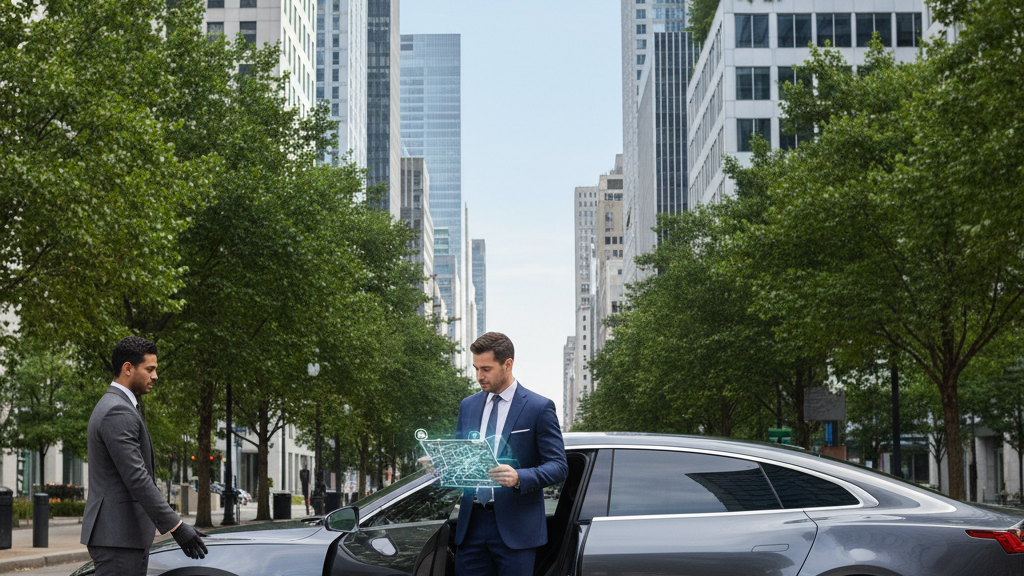 Soluciones de movilidad corporativa 2026 Imagen de soluciones de movilidad para empresas que muestra un coche eléctrico con chófer, ejecutivo y tecnología de gestión, simbolizando eficiencia, ahorro y sostenibilidad