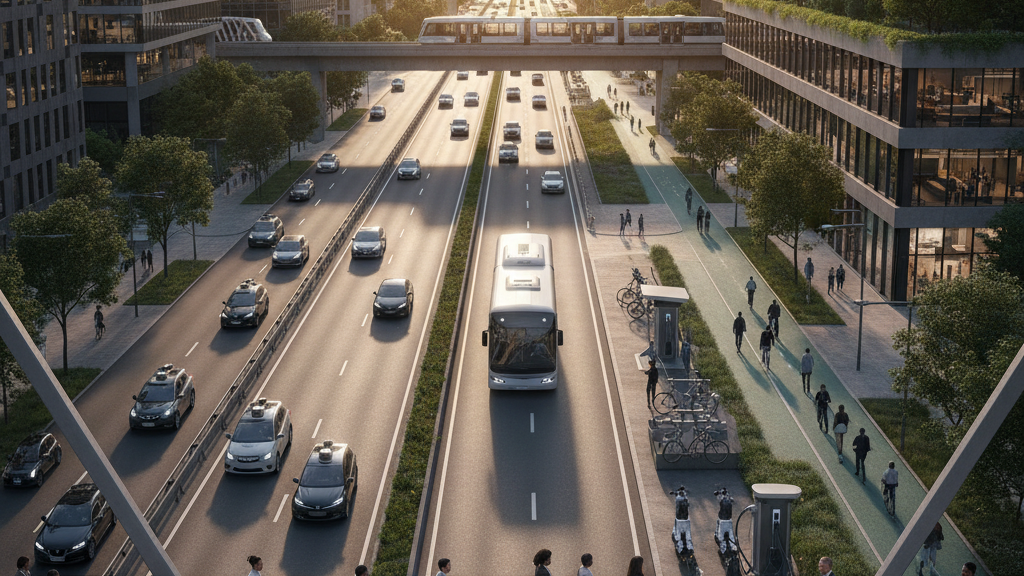 Concepto de movilidad empresarial Ilustración de soluciones de movilidad para empresas que muestra integración de flotas, tecnología y servicios de operador logístico