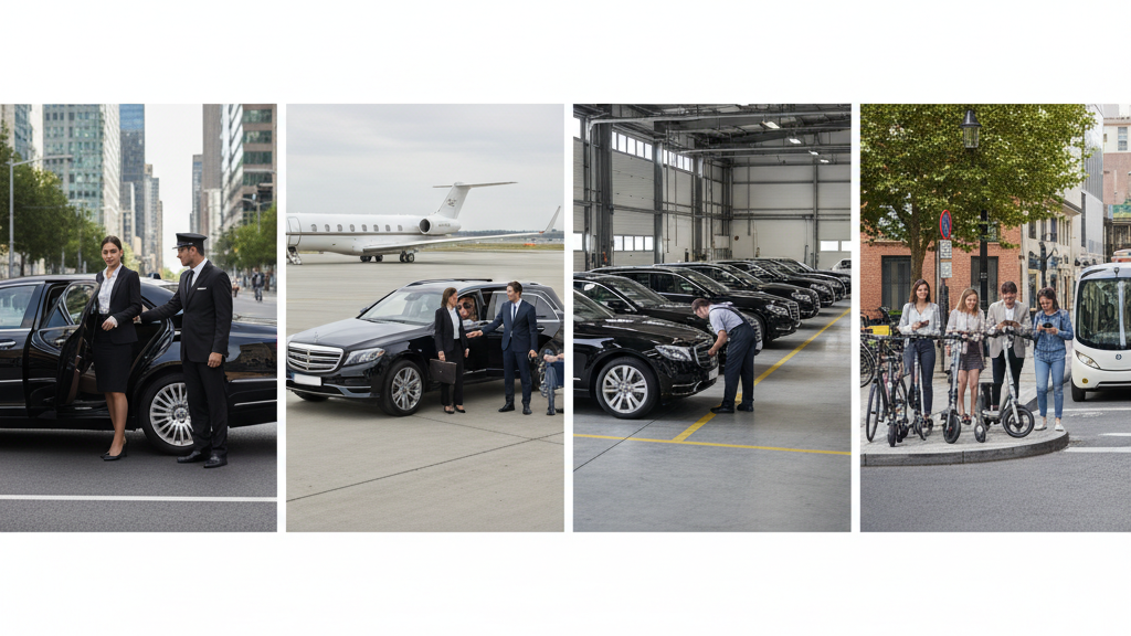 Tipos de soluciones de movilidad Imagen que muestra distintas opciones de movilidad empresarial como chófer, traslados ejecutivos, flotas propias y movilidad bajo demanda