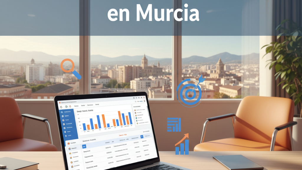 Mejores agencias SEM en Murcia 2026 Imagen de un portátil con panel de Google Ads y el horizonte de Murcia, representando las mejores agencias SEM de la región en 2026