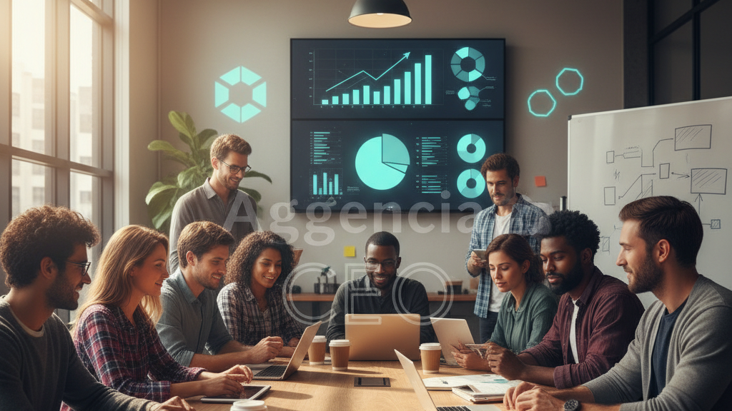 Imagen SEO de una agencia digital en crecimiento: equipo diverso trabajando en oficina moderna con pantallas, gráficos y plan de acción, representa montar una agencia propia paso a paso