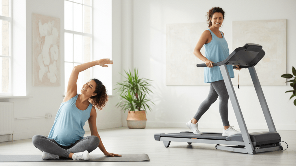 Mujer embarazada haciendo ejercicio suave Mujer practicando ejercicios seguros durante el embarazo en un entorno cómodo y luminoso, mostrando actividad física adecuada para cada trimestre