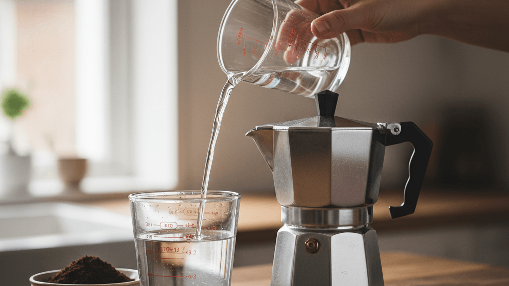 Imagen que muestra la proporción ideal de café y agua para moka, con una cafetera moka, taza medidora de agua y café molido, ilustrando el equilibrio necesario para una extracción perfecta