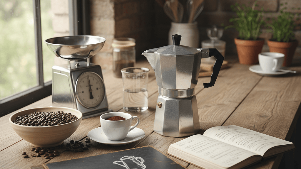 Ejemplo visual de 20 g de café y 200‑240 ml de agua para la proporción ideal de café y agua para moka